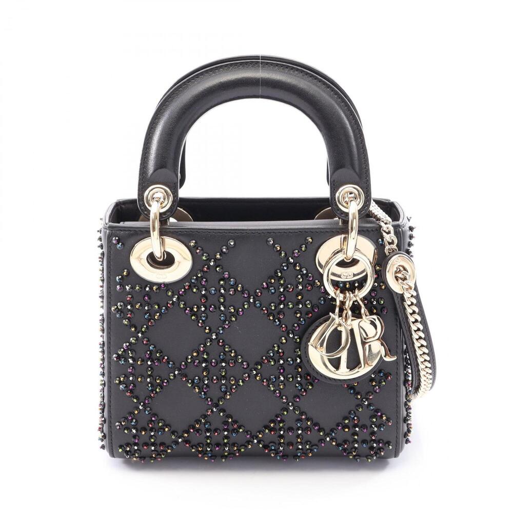 Christian Dior Dior Lady Mini Beaded 2-Way Handbag, Leather, Women's, Black/M...